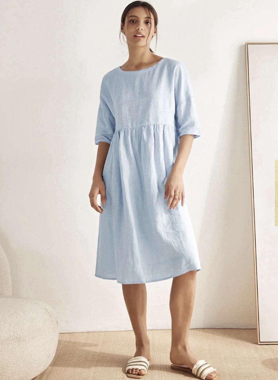 LINTICO Women's Blue Solid Midi Dress 3/4 Sleeve Round Neck Pullover Size M